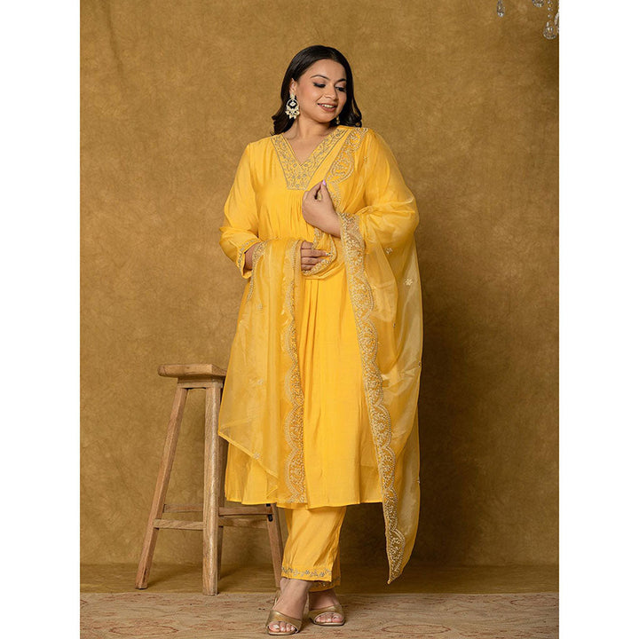 Yufta Yellow Silk Embroidered Kurta and Pant with Dupatta (Set of 3)