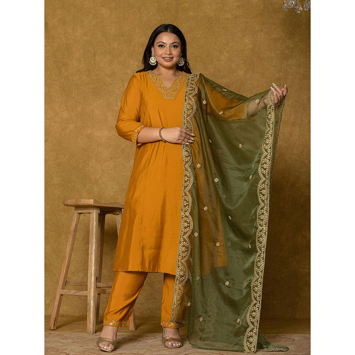 Yufta Mustard Silk Embroidered Kurta and Pant with Dupatta (Set of 3)