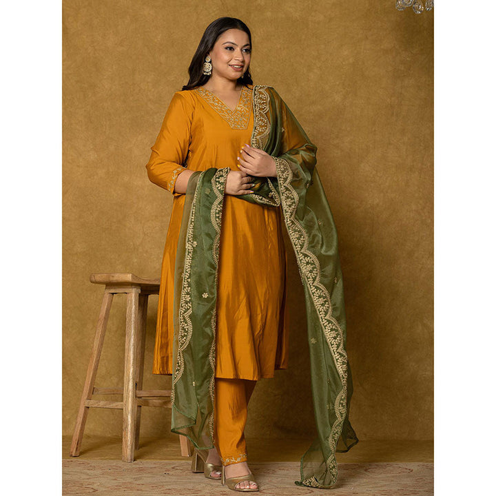 Yufta Mustard Silk Embroidered Kurta and Pant with Dupatta (Set of 3)