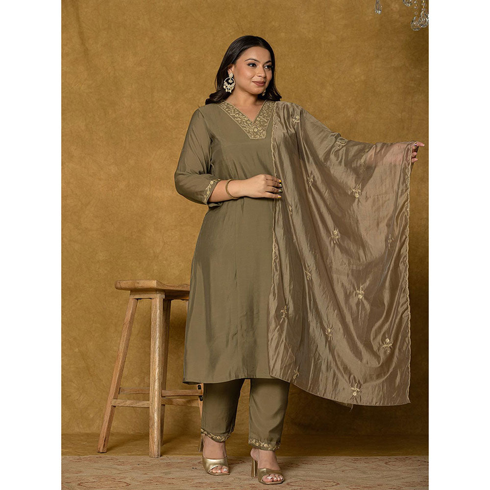 Yufta Olive Green Silk Embroidered Kurta and Pant with Dupatta (Set of 3)