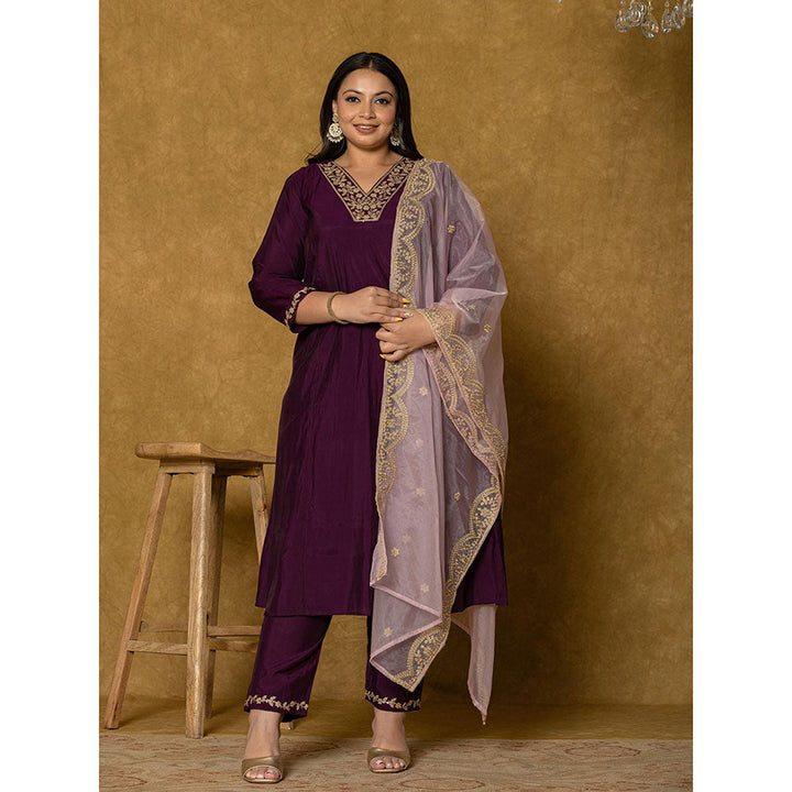 Yufta Purple Silk Embroidered Kurta and Pant with Dupatta (Set of 3)