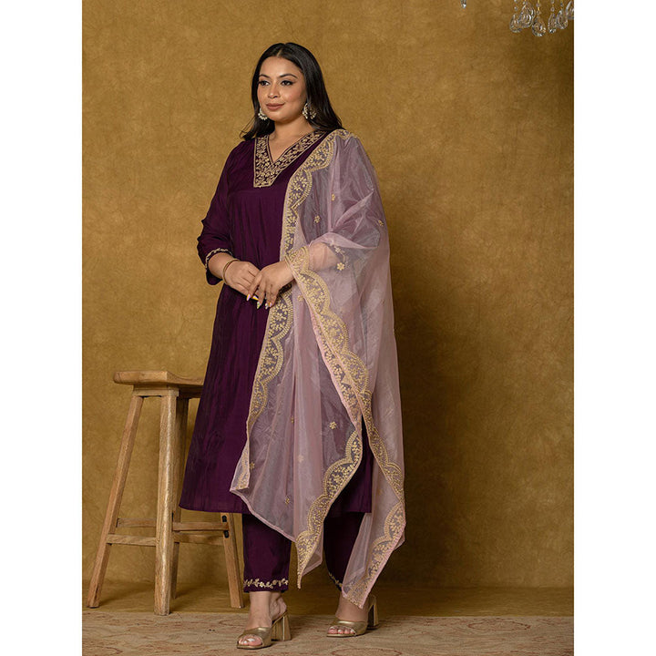 Yufta Purple Silk Embroidered Kurta and Pant with Dupatta (Set of 3)