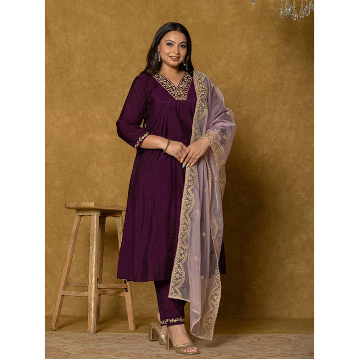 Yufta Purple Silk Embroidered Kurta and Pant with Dupatta (Set of 3)