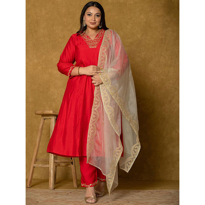 Yufta Red Silk Embroidered Kurta and Pant with Dupatta (Set of 3)