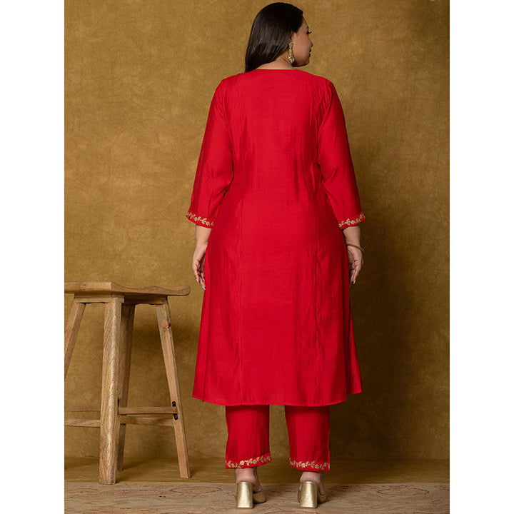 Yufta Red Silk Embroidered Kurta and Pant with Dupatta (Set of 3)