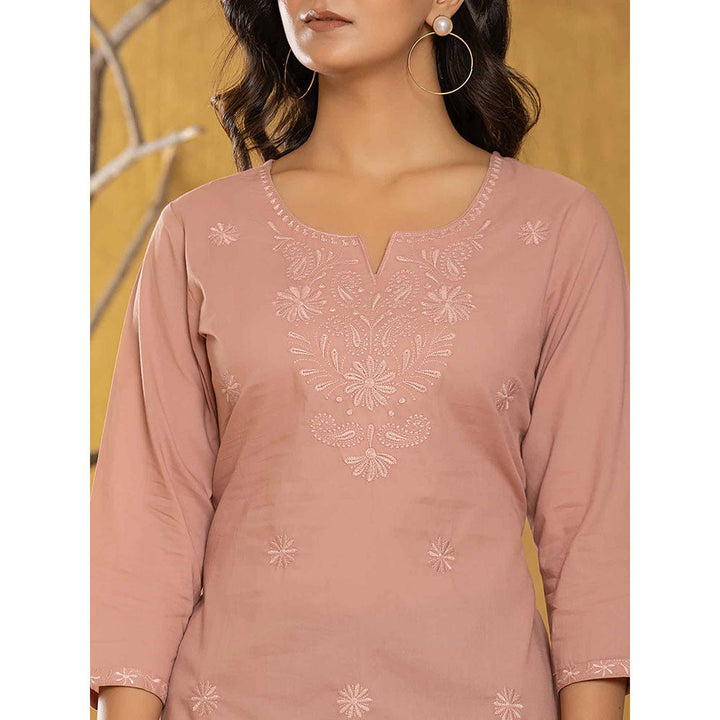 Yufta Women Peach Embroidered Chikankari Regular Top