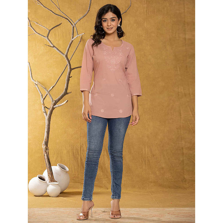 Yufta Women Peach Embroidered Chikankari Regular Top