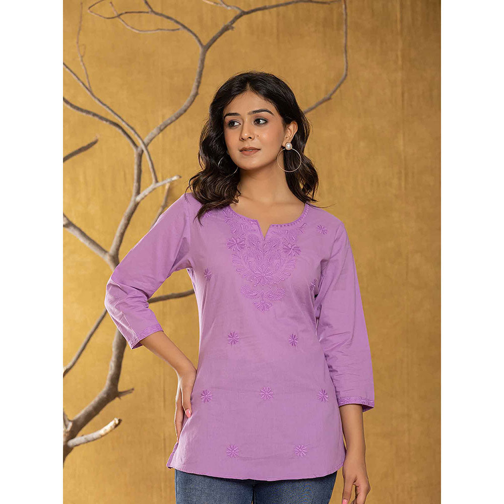 Yufta Women Lavender Embroidered Chikankari Regular Top