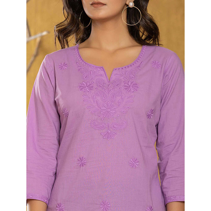 Yufta Women Lavender Embroidered Chikankari Regular Top