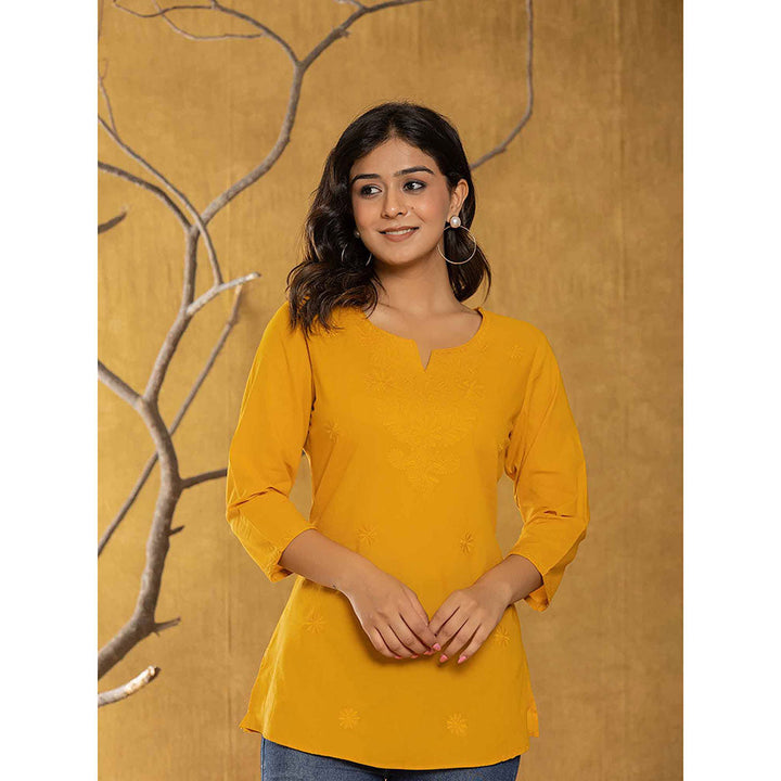 Yufta Women Mustard Embroidered Chikankari Regular Top