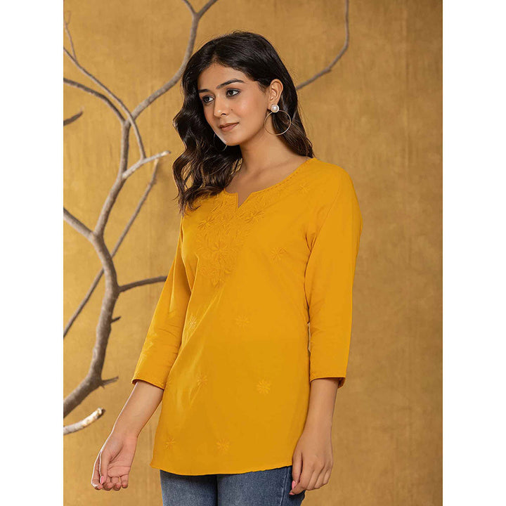 Yufta Women Mustard Embroidered Chikankari Regular Top