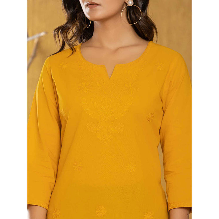 Yufta Women Mustard Embroidered Chikankari Regular Top