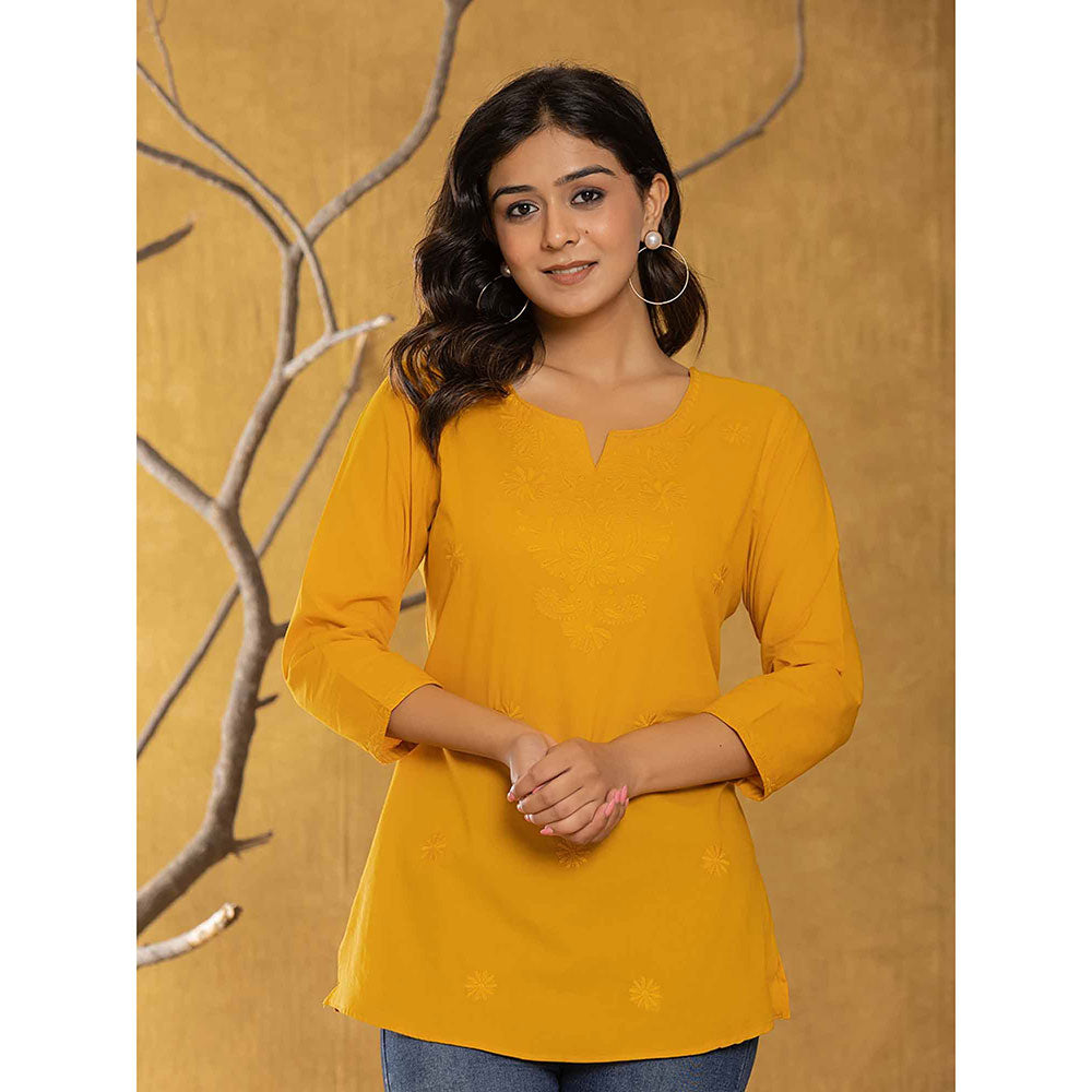 Yufta Women Mustard Embroidered Chikankari Regular Top