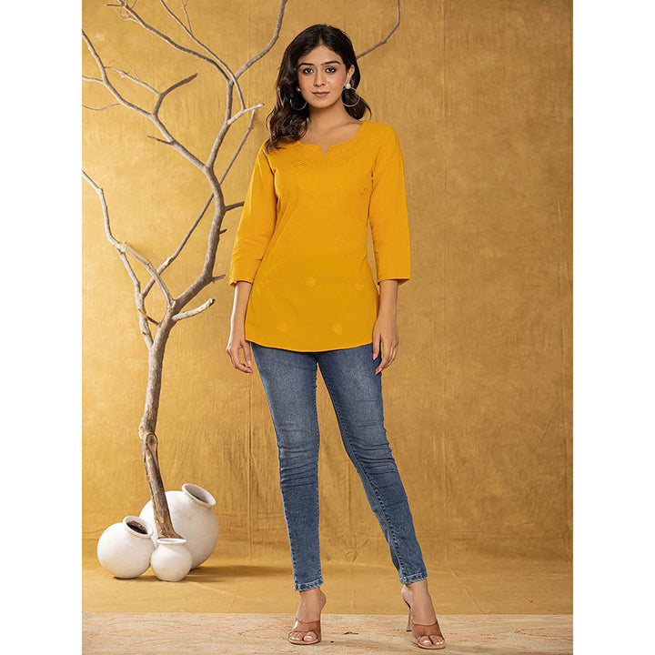 Yufta Women Mustard Embroidered Chikankari Regular Top