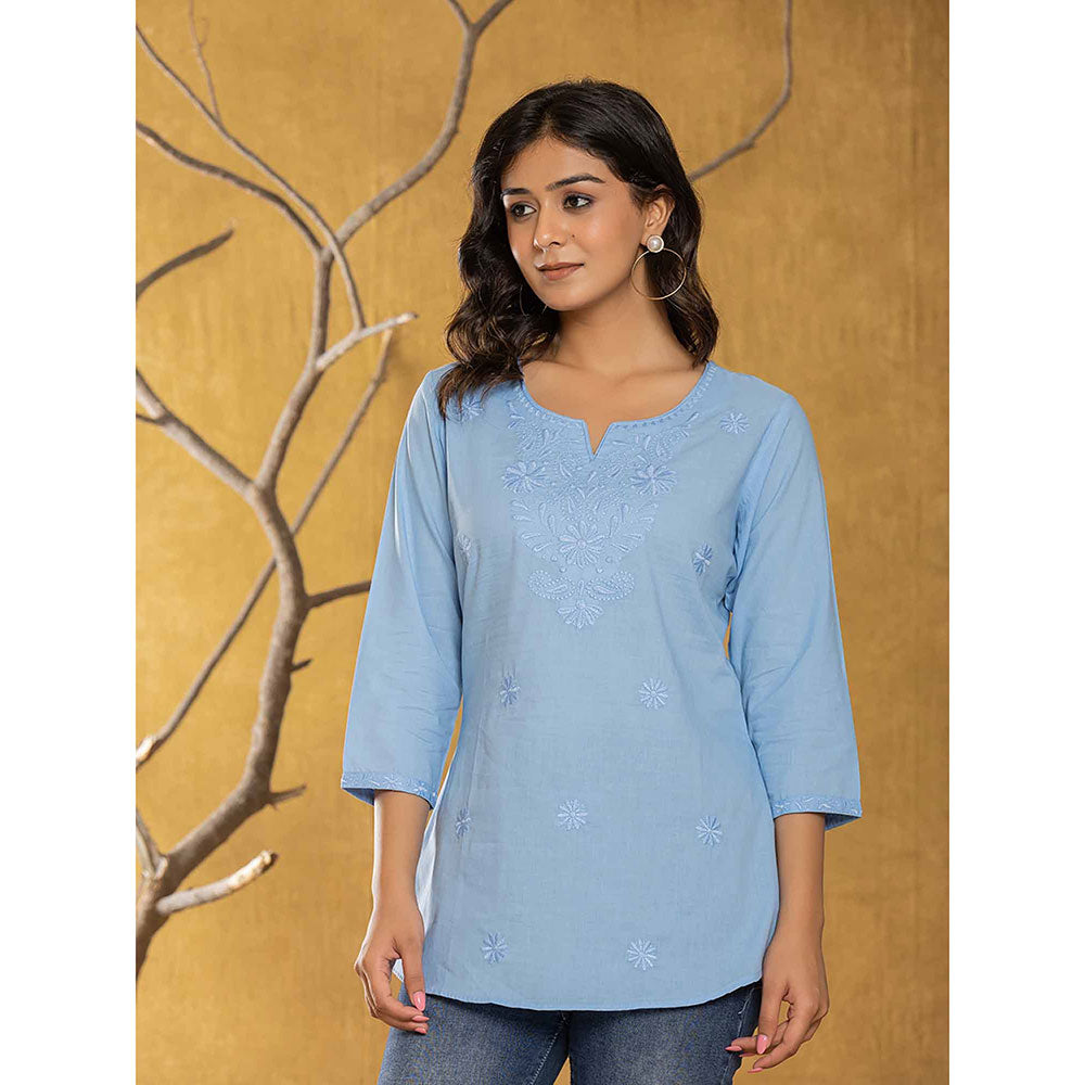 Yufta Women Sky Blue Embroidered Chikankari Regular Top