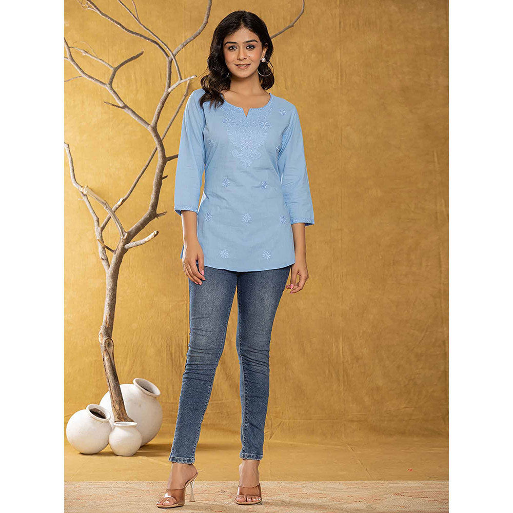 Yufta Women Sky Blue Embroidered Chikankari Regular Top