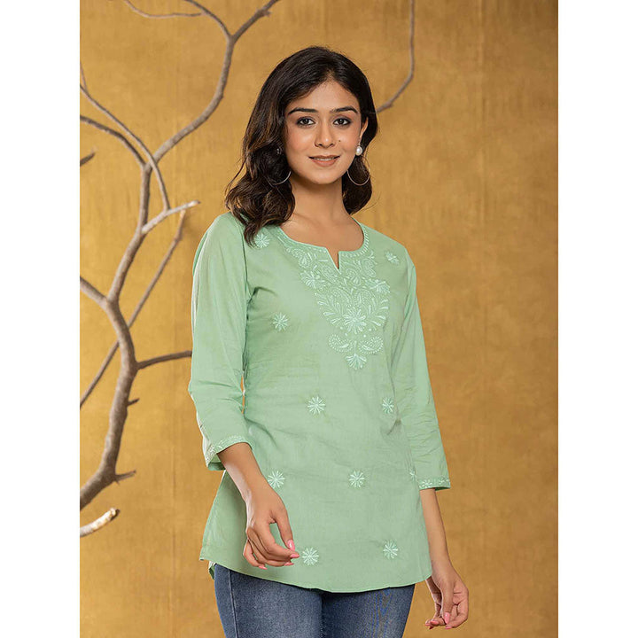 Yufta Women Green Embroidered Chikankari Regular Top