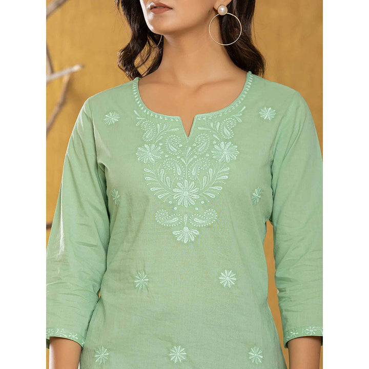 Yufta Women Green Embroidered Chikankari Regular Top