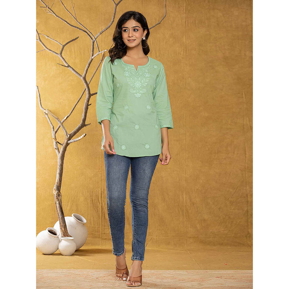 Yufta Women Green Embroidered Chikankari Regular Top