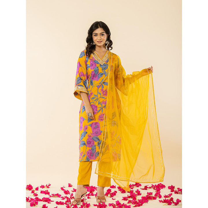 Yufta Cotton Mustard Kurta Pant Dupatta (Set of 3)