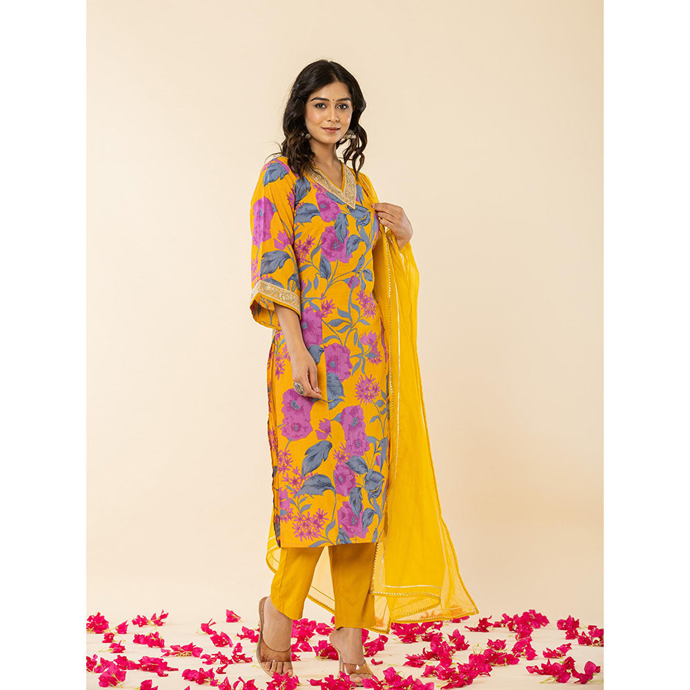 Yufta Cotton Mustard Kurta Pant Dupatta (Set of 3)