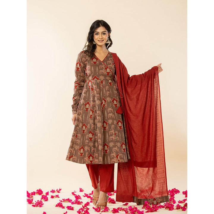 Yufta Brown Cotton Angrakha Style Kurta with Dobby Dupatta (Set of 3)