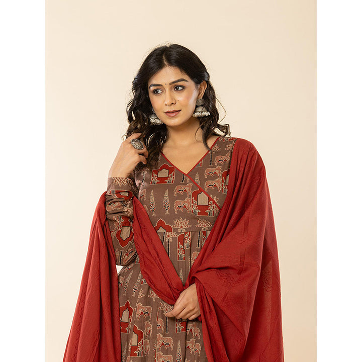 Yufta Brown Cotton Angrakha Style Kurta with Dobby Dupatta (Set of 3)