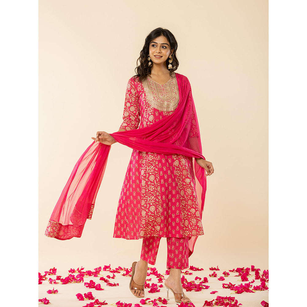 Yufta Pink Cotton Embroidered Anarkali Kurta Dupatta (Set of 3)