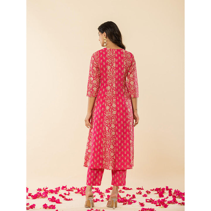 Yufta Pink Cotton Embroidered Anarkali Kurta Dupatta (Set of 3)