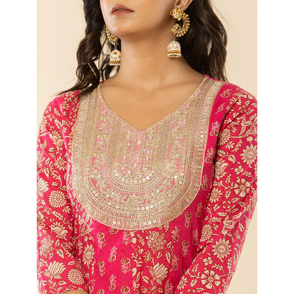 Yufta Pink Cotton Embroidered Anarkali Kurta Dupatta (Set of 3)