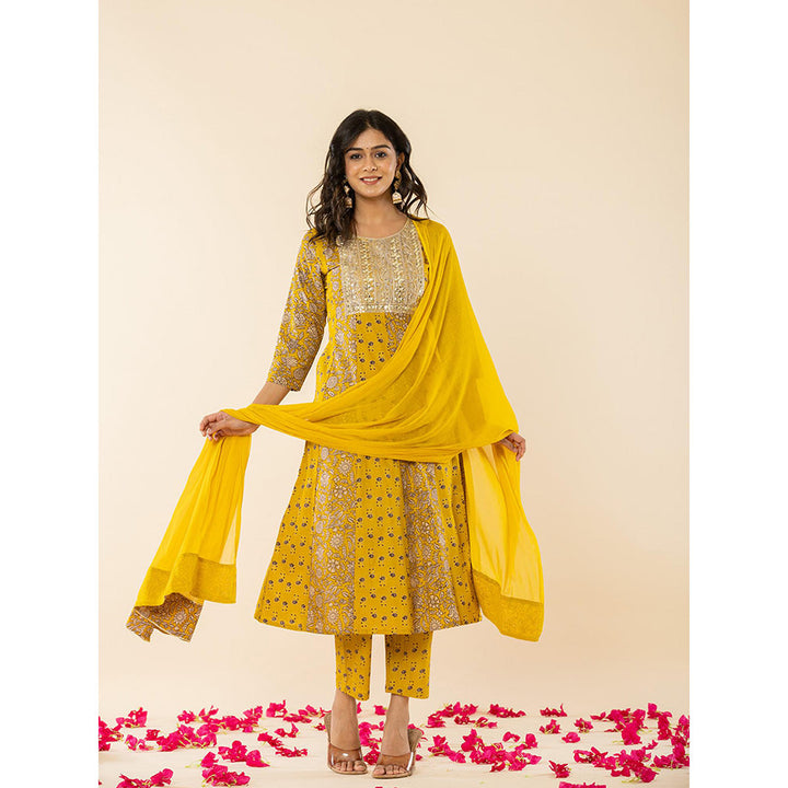 Yufta Mustard Cotton Embroidered Anarkali Kurta Dupatta (Set of 3)