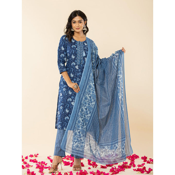 Yufta Blue Cotton Sequins_Work Straight Kurta Dupatta (Set of 3)