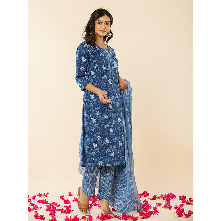 Yufta Blue Cotton Sequins_Work Straight Kurta Dupatta (Set of 3)