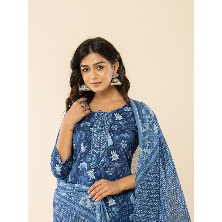 Yufta Blue Cotton Sequins_Work Straight Kurta Dupatta (Set of 3)