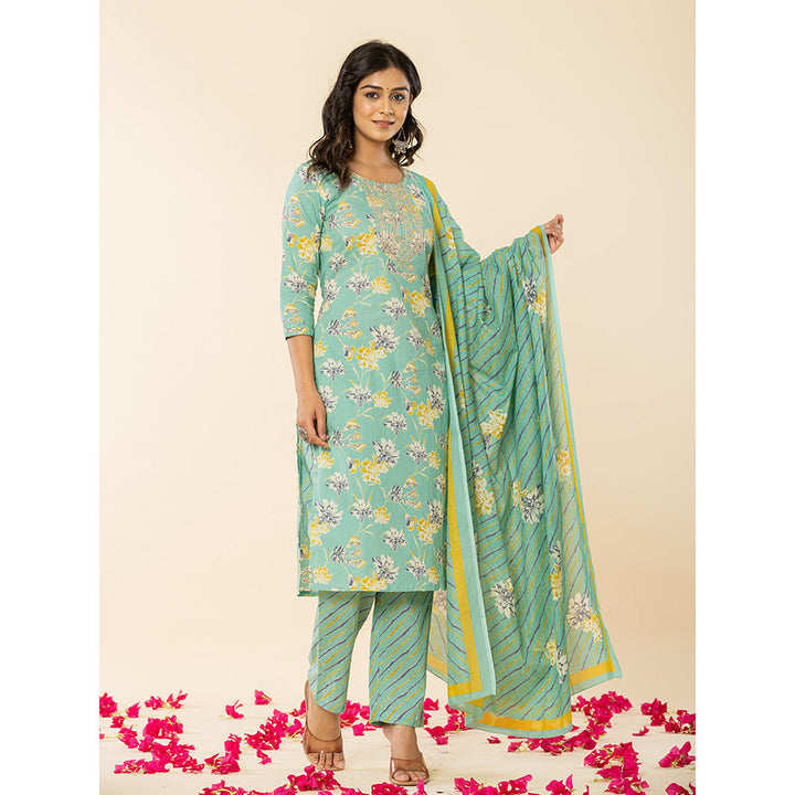 Yufta Sea Green Cotton Dori_Embroidery Straight Kurta Dupatta Pant (Set of 3)