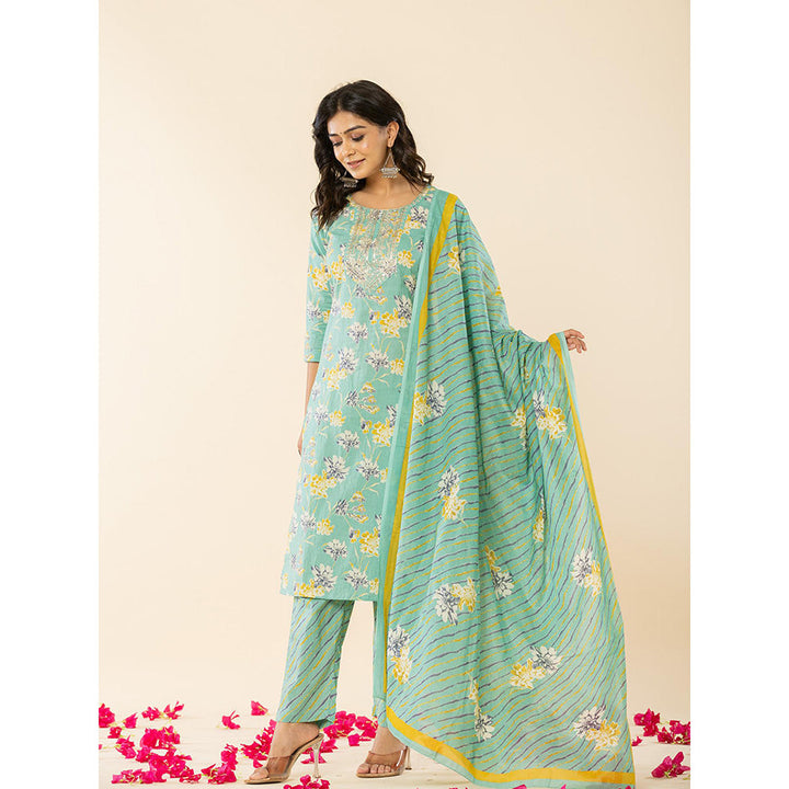 Yufta Sea Green Cotton Dori_Embroidery Straight Kurta Dupatta Pant (Set of 3)