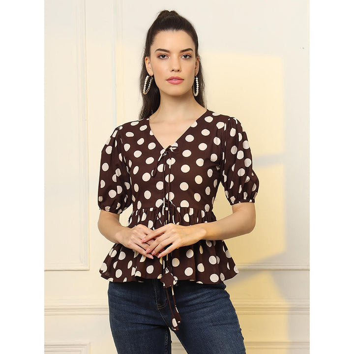 Yufta Cotton Polka Dot Brown Tie Up Peplum Tunic