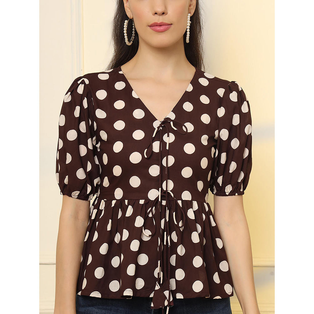 Yufta Cotton Polka Dot Brown Tie Up Peplum Tunic