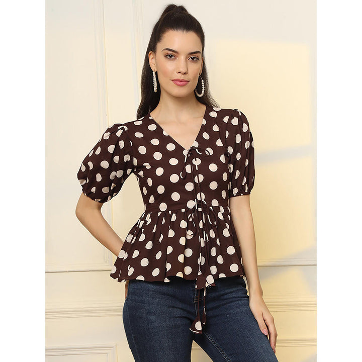 Yufta Cotton Polka Dot Brown Tie Up Peplum Tunic