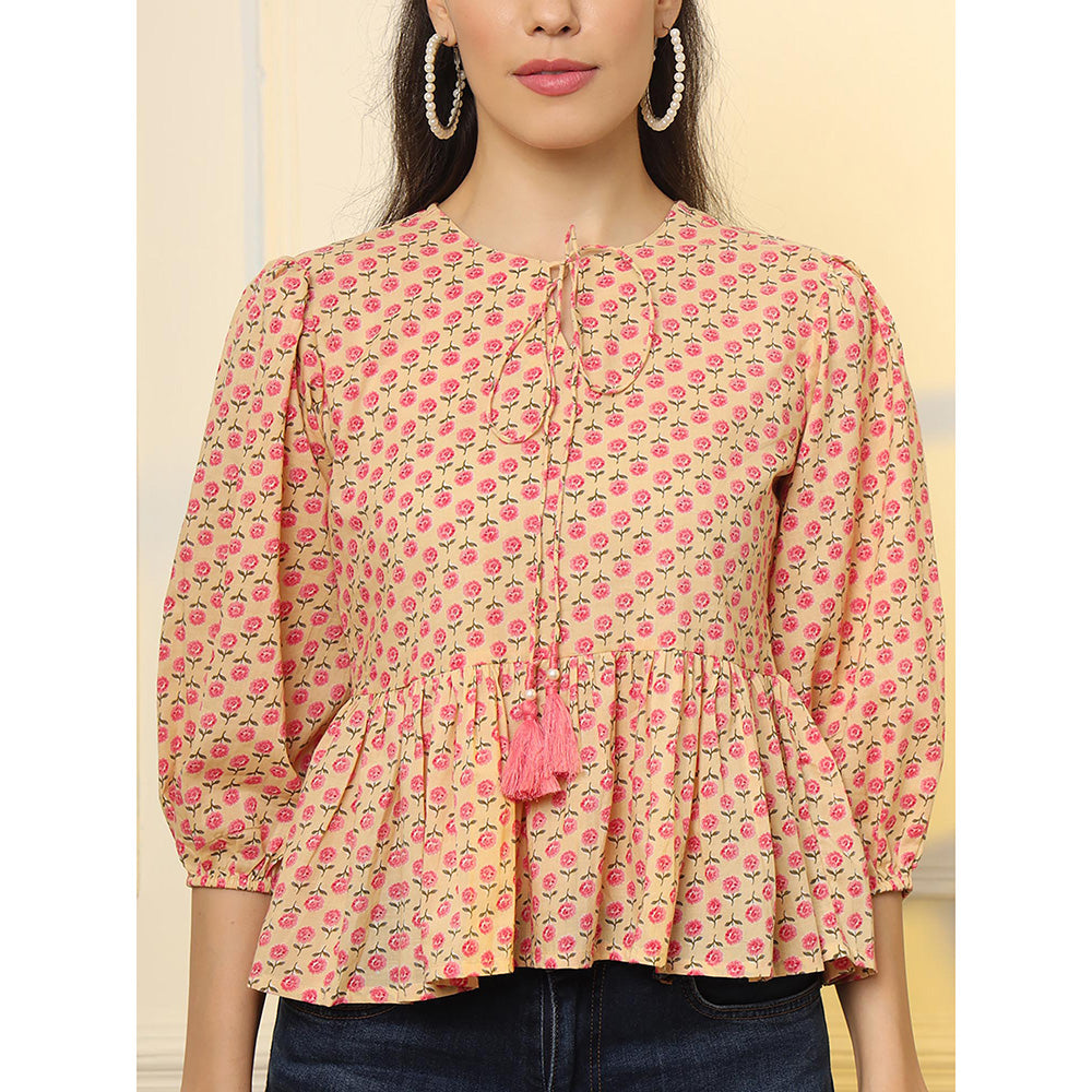 Yufta Cotton Yellow and Pink Floral Tie Up Tunic