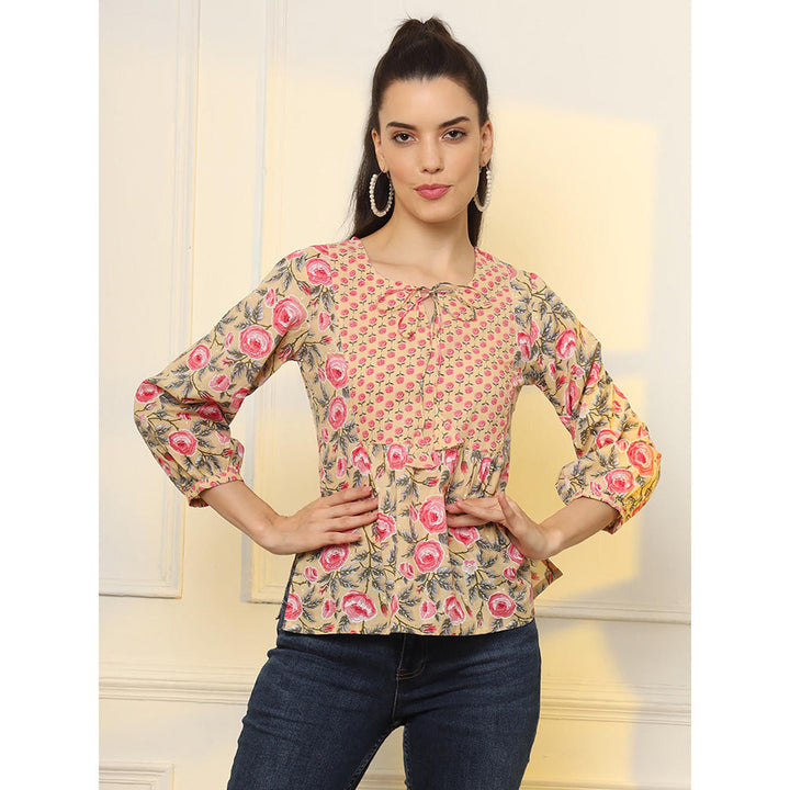 Yufta Cotton Yellow Floral Tie Up Tunic