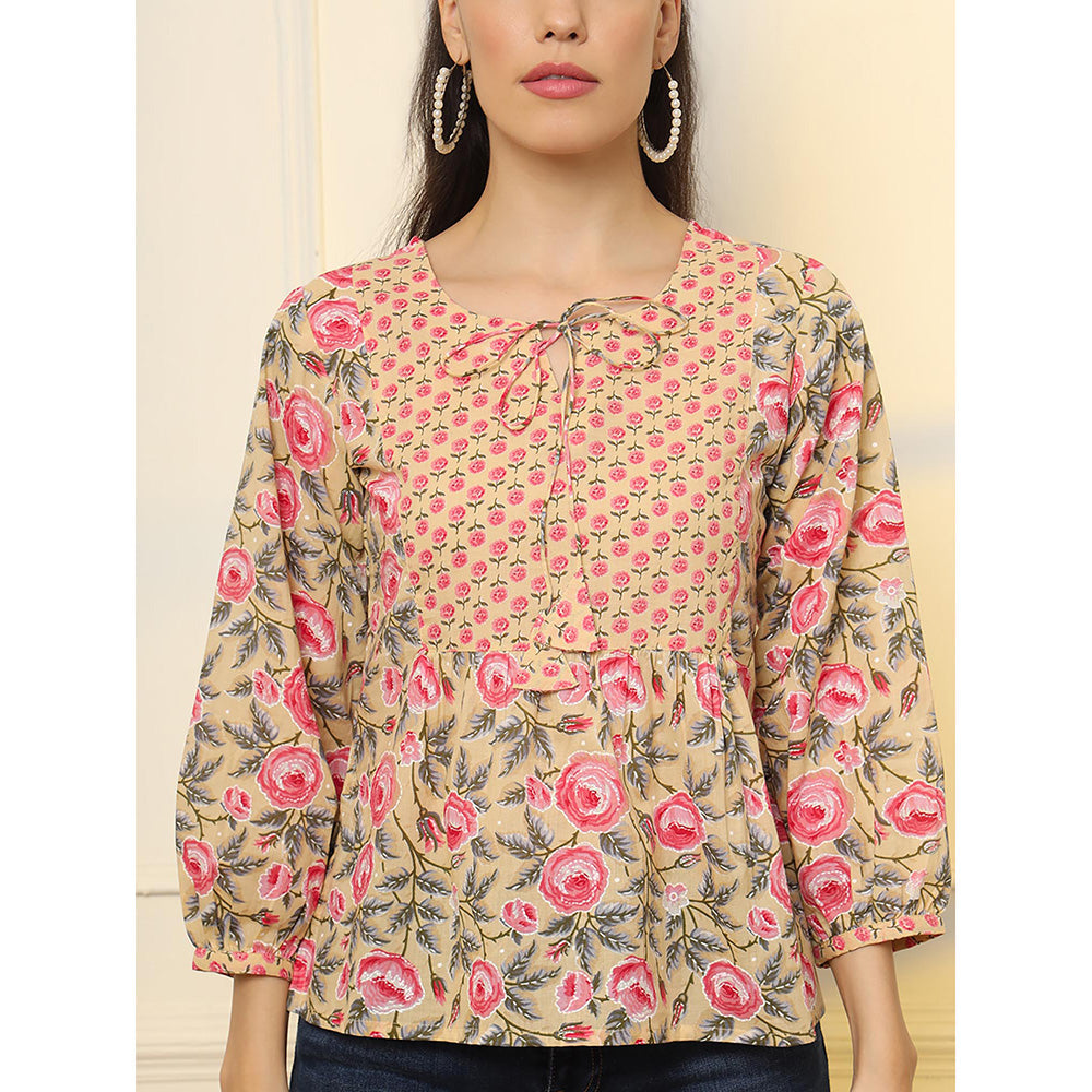 Yufta Cotton Yellow Floral Tie Up Tunic