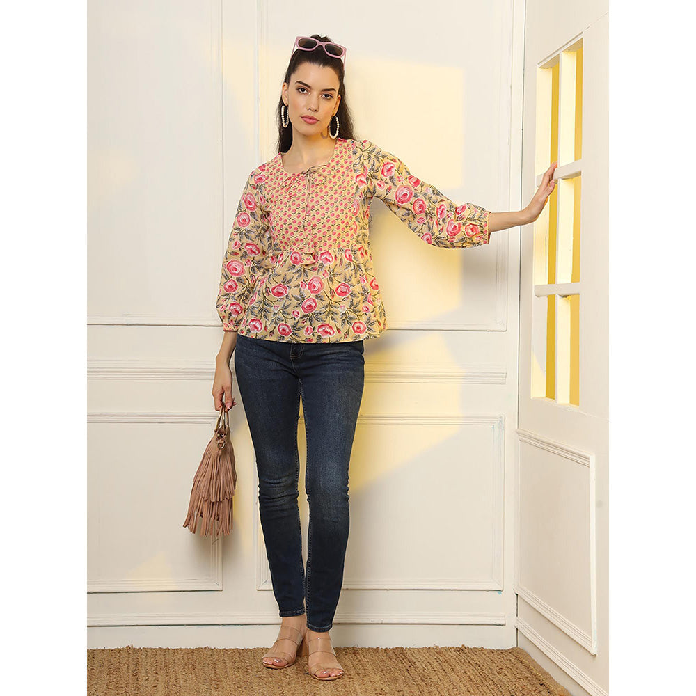 Yufta Cotton Yellow Floral Tie Up Tunic