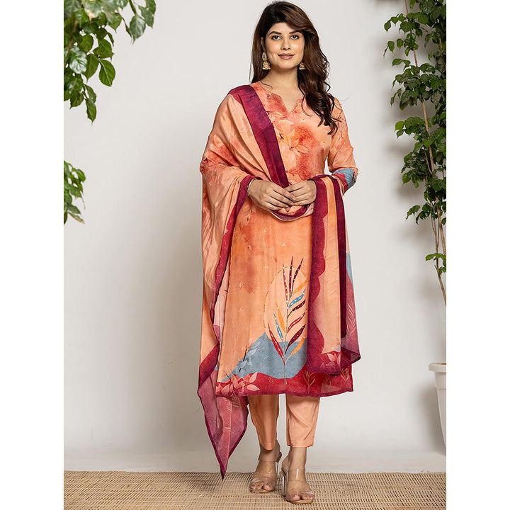 Yufta Peach Pure Crepe Placement Print Kurta with Pant & Dupatta (Set of 3)