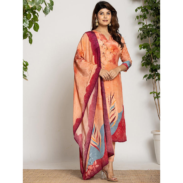 Yufta Peach Pure Crepe Placement Print Kurta with Pant & Dupatta (Set of 3)