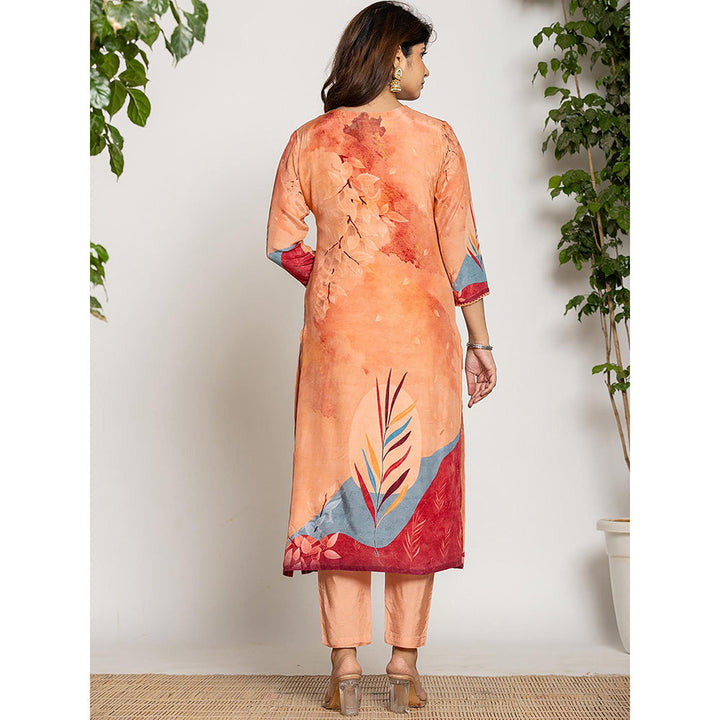 Yufta Peach Pure Crepe Placement Print Kurta with Pant & Dupatta (Set of 3)