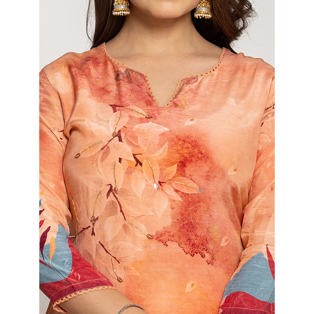 Yufta Peach Pure Crepe Placement Print Kurta with Pant & Dupatta (Set of 3)