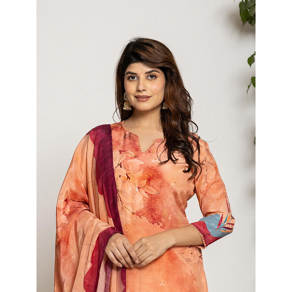 Yufta Peach Pure Crepe Placement Print Kurta with Pant & Dupatta (Set of 3)