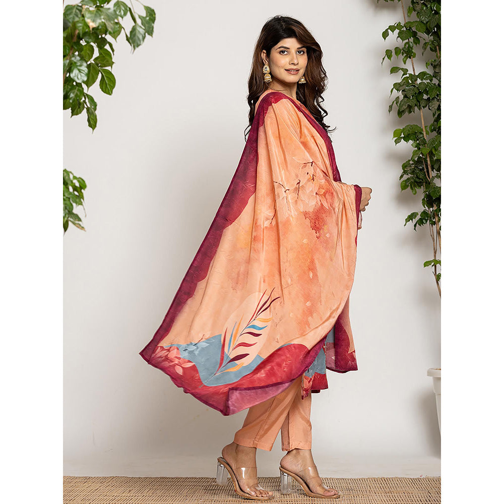 Yufta Peach Pure Crepe Placement Print Kurta with Pant & Dupatta (Set of 3)