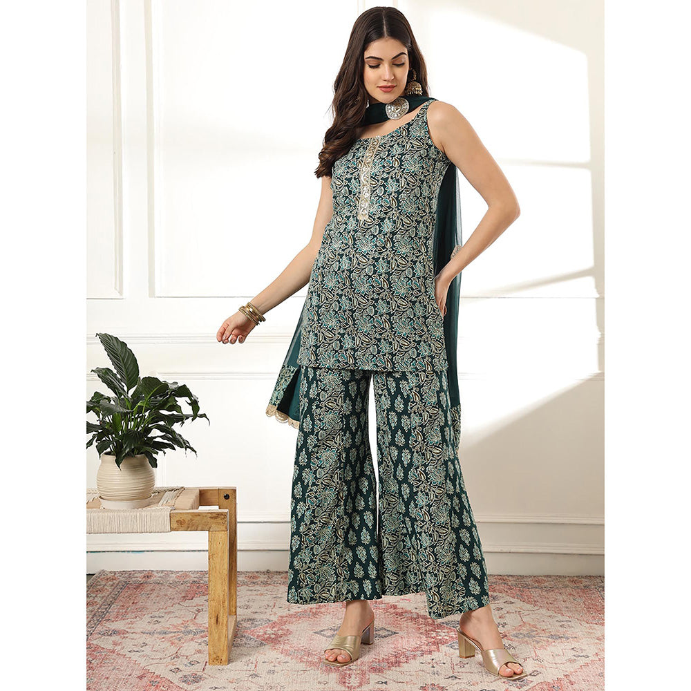 Yufta Cotton Green Kurti with Palazzo (Set of 3)